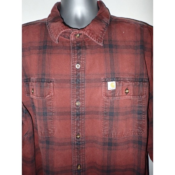 Carhartt Mens Flannel Shirt Button Up Plaid Long Sleeve Workwear Casual Red - Picture 1 of 6